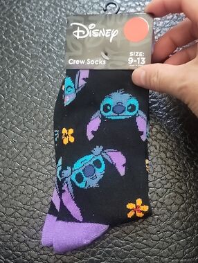 Disney Stitch Black and Purple Flower and Leaves Casual Crew Socks